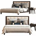 Modern Double Bed With Wooden Headboard Decorative Pillows And Side Nightstand Setup 3d model