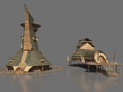 Unique Fantasy Architectural Structures With Green Roofs Multi Layered Design And Spire Tops 3d model