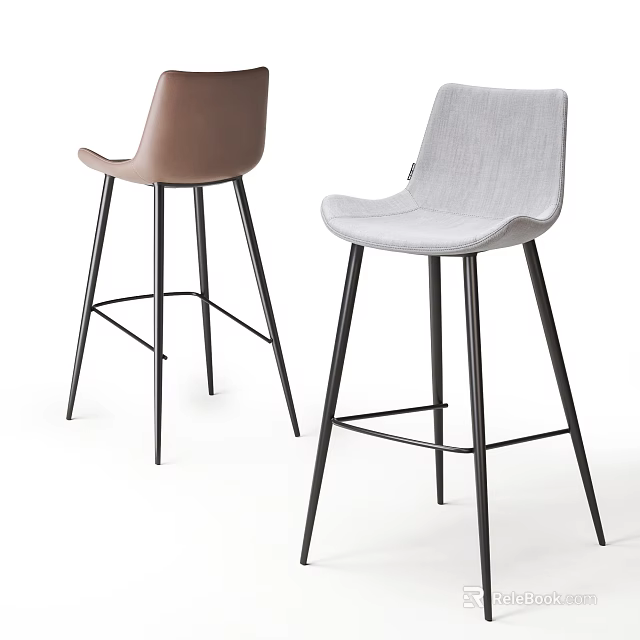 Modern Stylish Bar Stools With Brown And Gray Upholstered Seats And Black Metal Legs 3d model 