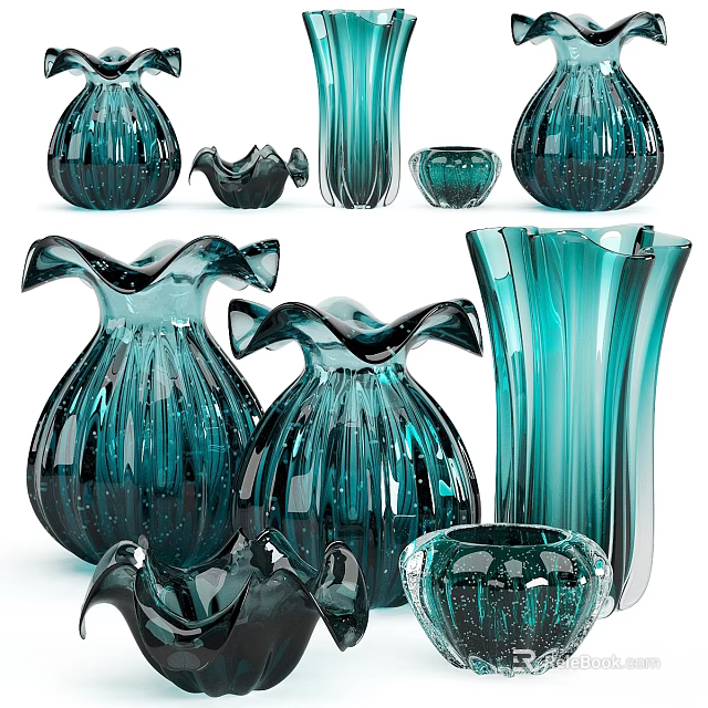 Elegant Blue Glass Decorative Ornaments Set With Vases Bowls And Sculptural Pieces 3d model 