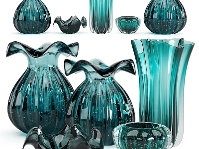 Elegant Blue Glass Decorative Ornaments Set With Vases Bowls And Sculptural Pieces 3d model
