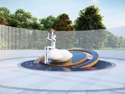 Outdoor Modern Female Figure Sculpture With Circular Base Water Pool And Trees Fence 3d model