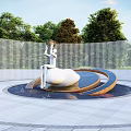Outdoor Modern Female Figure Sculpture With Circular Base Water Pool And Trees Fence