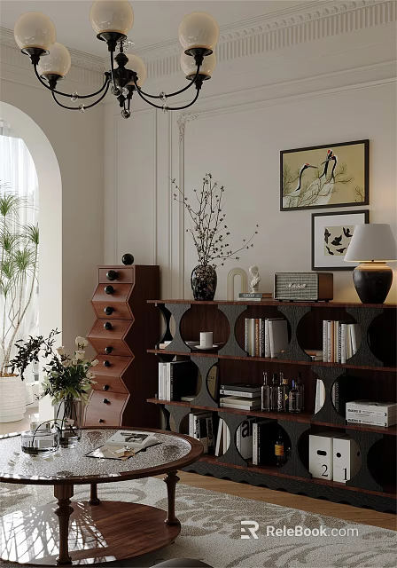 Modern Dining Living Room Interior With Wooden Shelves Paintings And Decorative Plants 3d model 