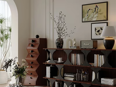 Modern Dining Living Room Interior With Wooden Shelves Paintings And Decorative Plants 3d model