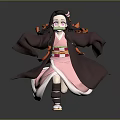 Anime Girl 3D Model With Long Black Hair Pink Kimono Red Ribbons And Bamboo Muzzle
