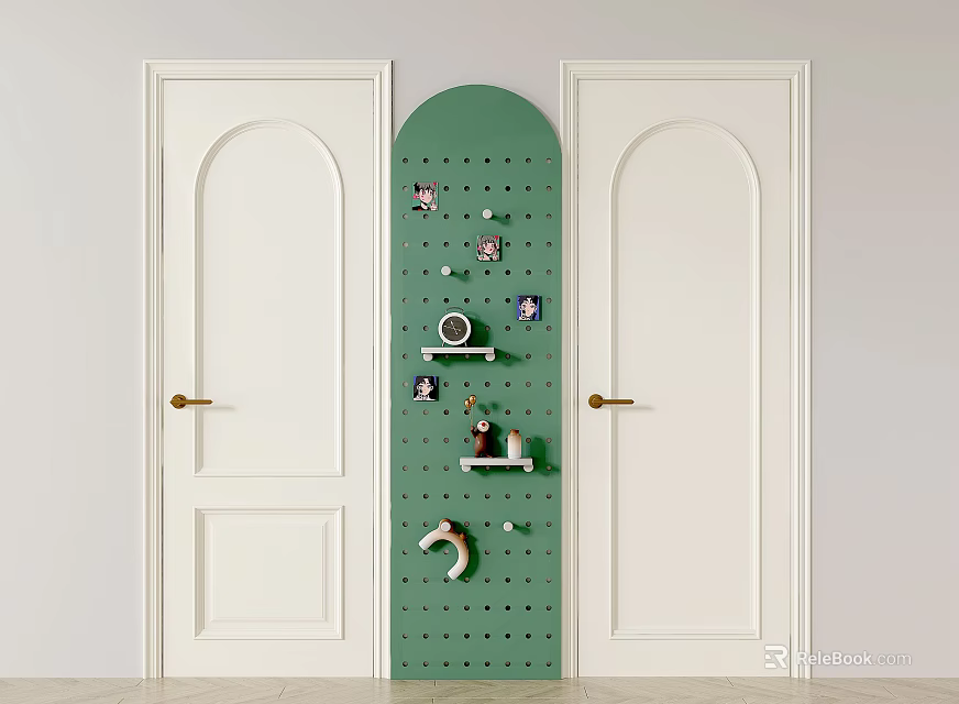 White Swing Doors With Green Arched Pegboard And Decorative Items 3d model