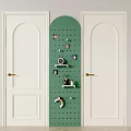 White Swing Doors With Green Arched Pegboard And Decorative Items 3d model