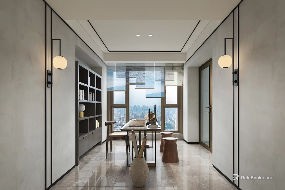 Modern Study Room Featuring Chinese Elements Large Windows Writing Desk Bookshelves And Pendant Lights 3d model 