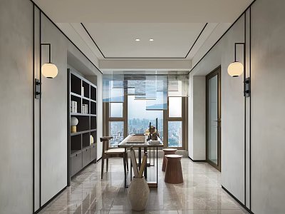 Modern Study Room Featuring Chinese Elements Large Windows Writing Desk Bookshelves And Pendant Lights 3d model