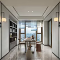 Modern Study Room Featuring Chinese Elements Large Windows Writing Desk Bookshelves And Pendant Lights