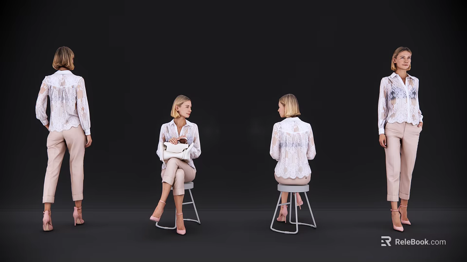 Woman Wearing White Printed Shirt Beige Pants With White Handbag Sitting Standing On Black Background 3d model 