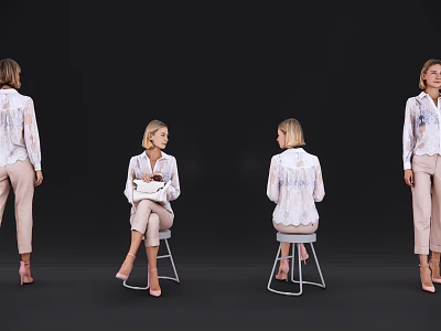 Woman Wearing White Printed Shirt Beige Pants With White Handbag Sitting Standing On Black Background 3d model