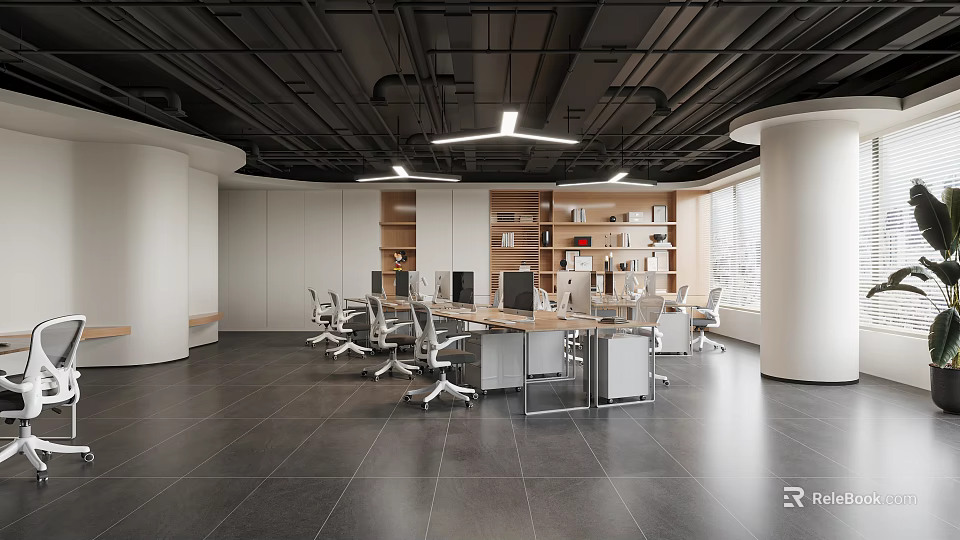 Modern Open Public Office Space Interior With Ergonomic Chairs And Wooden Bookshelves 3d model 