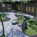 Modern Garden Landscape With Trees Rocks Grass Stone Paths And Wooden Structure