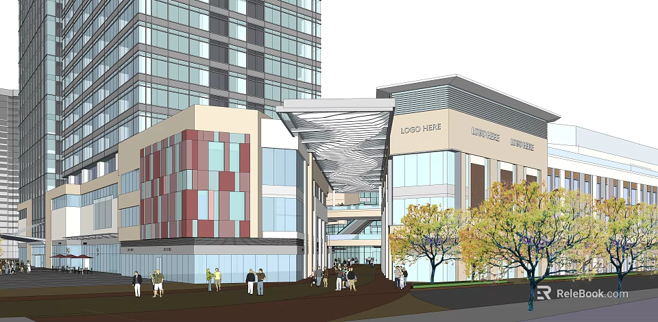Urban Modern Multi Story Commercial Building With Glass Curtain Walls And Pedestrians 3d model 