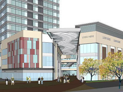 Urban Modern Multi Story Commercial Building With Glass Curtain Walls And Pedestrians 3d model