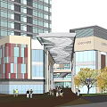 Urban Modern Multi Story Commercial Building With Glass Curtain Walls And Pedestrians