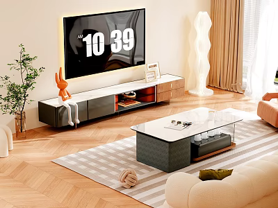 Modern TV Stand in Living Room with TV Rabbit Decor Green Plant and Lamp 3d model