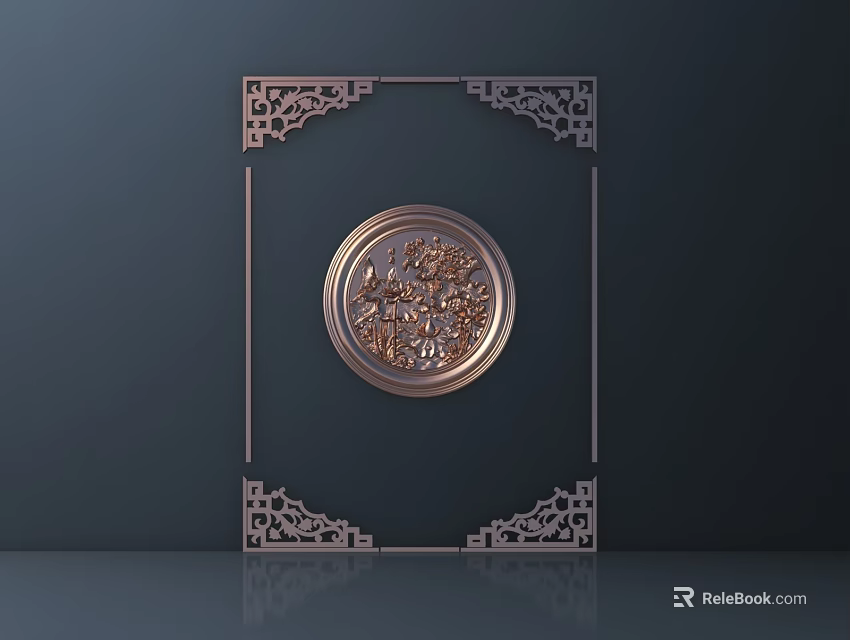 Elegant Metallic Carved Design With Circular Center And Intricate Square Frame On Dark Background 3d model 