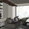 Modern Living Room Interior Design With Dark Sofa Large Window And Mountain View