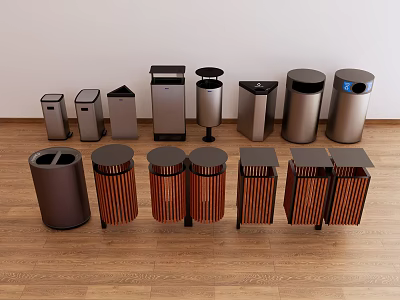 Various Modern Trash Bins With Different Designs And Materials On Wooden Floor 3d model