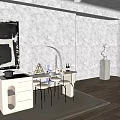 Modern White Dining Table Set with Stools Coffee Maker Fruit Stand and Wine Bottles 3d model
