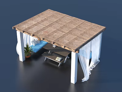 Outdoor Relaxation Gazebo With Wooden Roof White Curtains Blue Sofa Coffee Table And Potted Plant 3d model