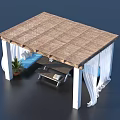 Outdoor Relaxation Gazebo With Wooden Roof White Curtains Blue Sofa Coffee Table And Potted Plant