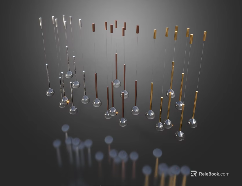 Stylish Chandeliers With Silver Gold Brown Metallic Rods And Transparent Spherical Bulbs On Dark Background Reflections 3d model 