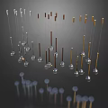 Stylish Chandeliers With Silver Gold Brown Metallic Rods And Transparent Spherical Bulbs On Dark Background Reflections
