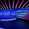 Modern Stage Setup Featuring Blue Screen Displaying China Price And Neatly Arranged Blue Seats