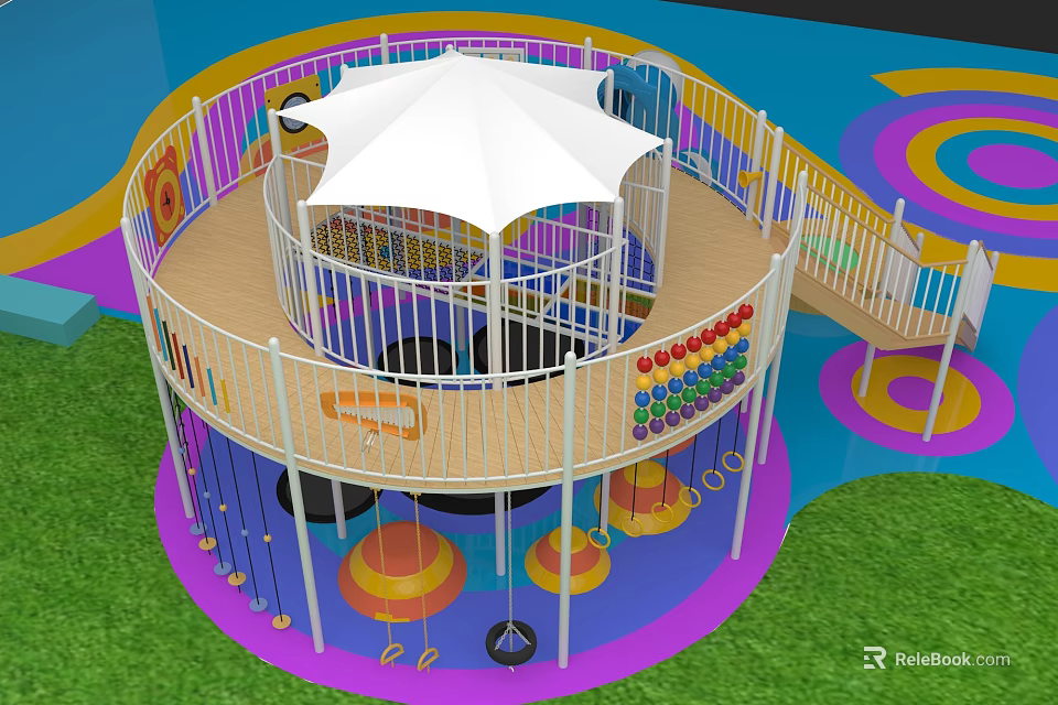 Colorful Circular Playground Equipment with White Canopy Railings Swings and Climbing Ropes 3d model 
