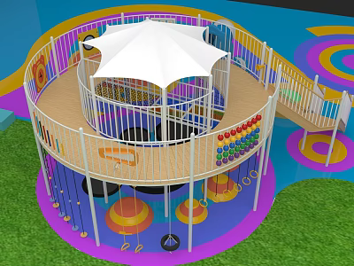 Colorful Circular Playground Equipment with White Canopy Railings Swings and Climbing Ropes 3d model