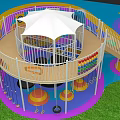 Colorful Circular Playground Equipment with White Canopy Railings Swings and Climbing Ropes
