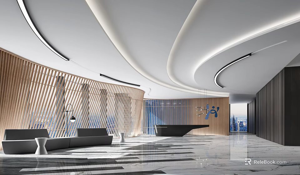Modern Front Desk Reception Area With Curved Lighting Wooden Decor And Sofa Seating 3d model 