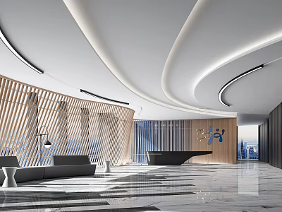 Modern Front Desk Reception Area With Curved Lighting Wooden Decor And Sofa Seating 3d model