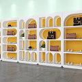 Modern Display Shelves with Handbags Shoes Storage and Small Plants in Retail Showcase