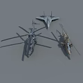 Two Military Helicopters Gray and Light Brown Alongside Fighter Jet
