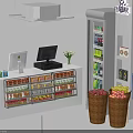 Retail Store Reception Counter With Computer Cash Register Fruit Baskets And Beverage Refrigerator 3d model