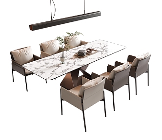 Modern Dining Table and Chair Combination Marble Long Dining Table Leather Dining Chair Chandelier Green Plant Books Ornaments 3d model