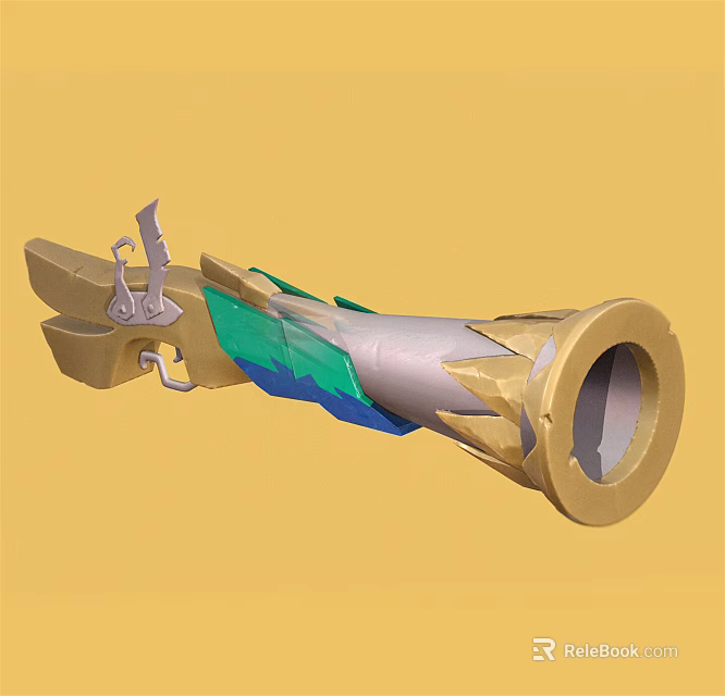 Ornate Golden Green And Blue Cannon Weapon With Decorative Details 3d model 