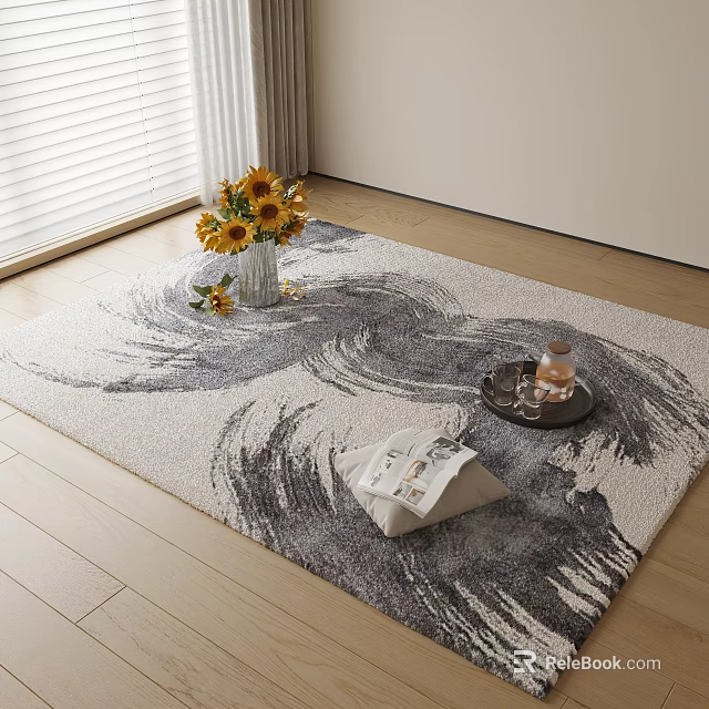 Gray White Brushstroke Square Rug on Wooden Floor by Window with Sunflower Bouquet and Tray 3d model 