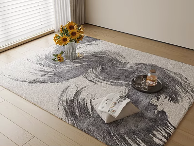 Gray White Brushstroke Square Rug on Wooden Floor by Window with Sunflower Bouquet and Tray 3d model