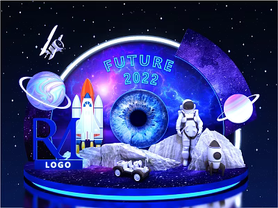 Future 2022 Space Display Featuring Rocket Astronaut Planets Eye Design And R Logo 3d model