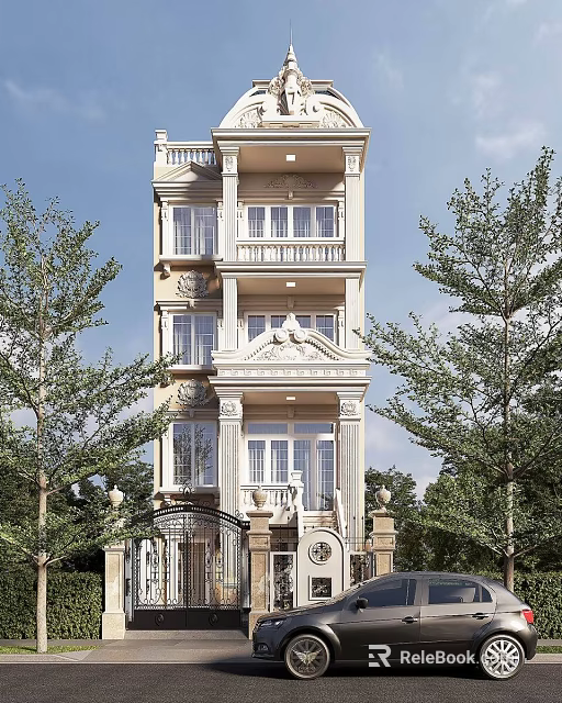 Three Story European Style Detached Villa Exterior With Ornate Balconies And Trees 3d model 