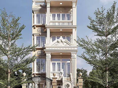Three Story European Style Detached Villa Exterior With Ornate Balconies And Trees 3d model