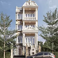 Three Story European Style Detached Villa Exterior With Ornate Balconies And Trees