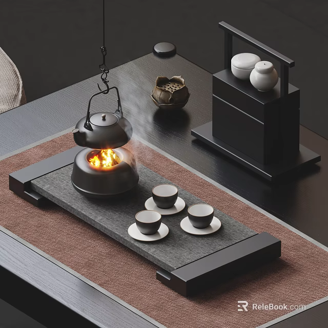 Traditional Tea Set Featuring Burning Stove Tea Cups Tray White Jars And Black Cabinet 3d model 