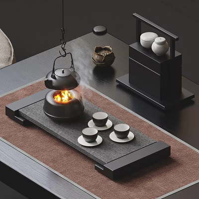 Traditional Tea Set Featuring Burning Stove Tea Cups Tray White Jars And Black Cabinet 3d model